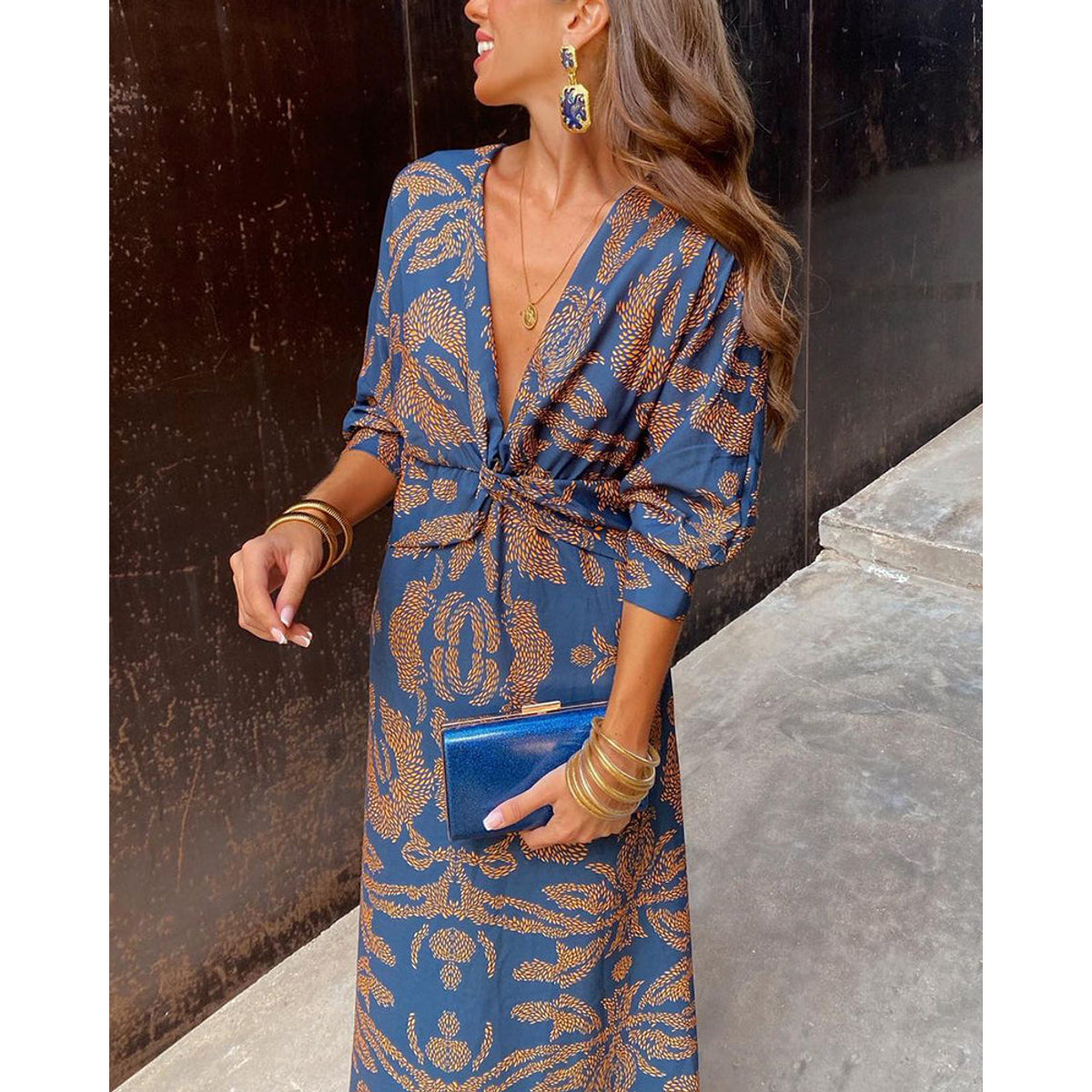 V-Neck Midi Dress Long Sleeve Paisley Print Cocktail Dress for Women 2