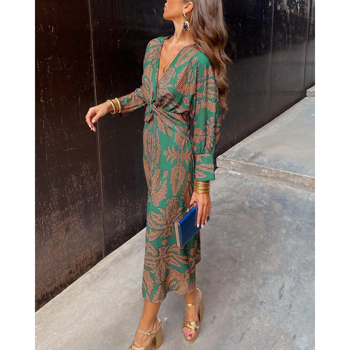 V-Neck Midi Dress Long Sleeve Paisley Print Cocktail Dress for Women 4
