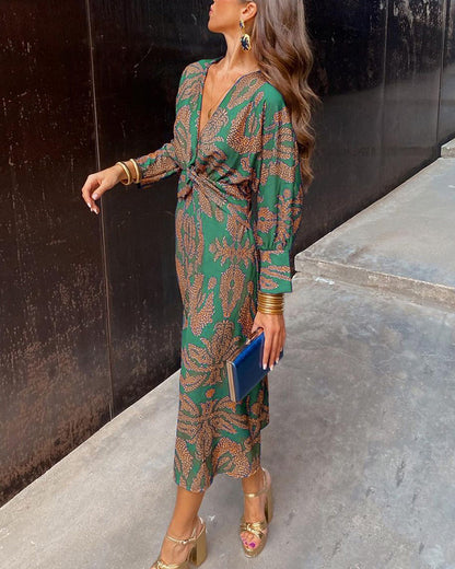 V-Neck Midi Dress Long Sleeve Paisley Print Cocktail Dress for Women 4