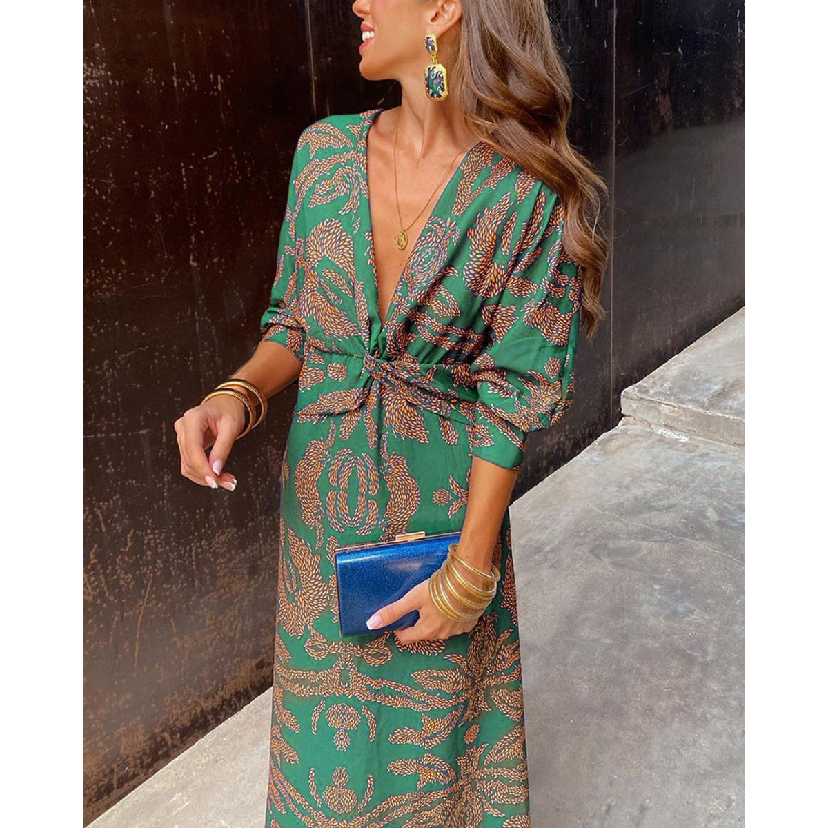 V-Neck Midi Dress Long Sleeve Paisley Print Cocktail Dress for Women 5