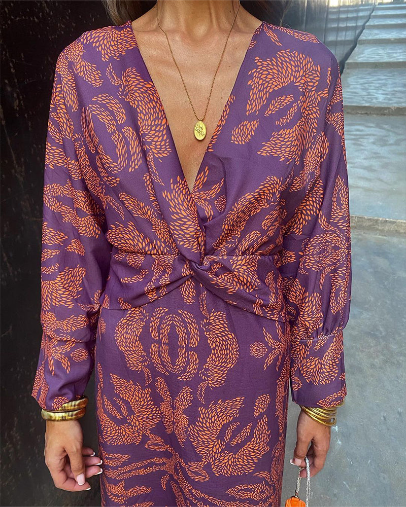 V-Neck Midi Dress Long Sleeve Paisley Print Cocktail Dress for Women 9