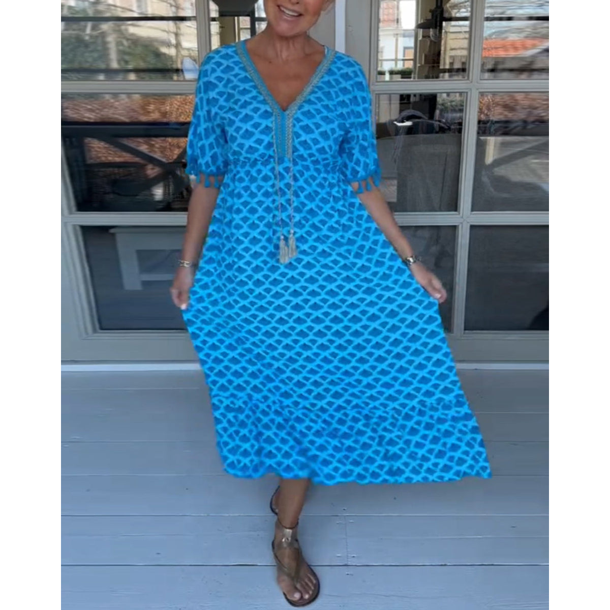 V-Neck Printed Casual Dress Women A-Line Midi Summer Style 0