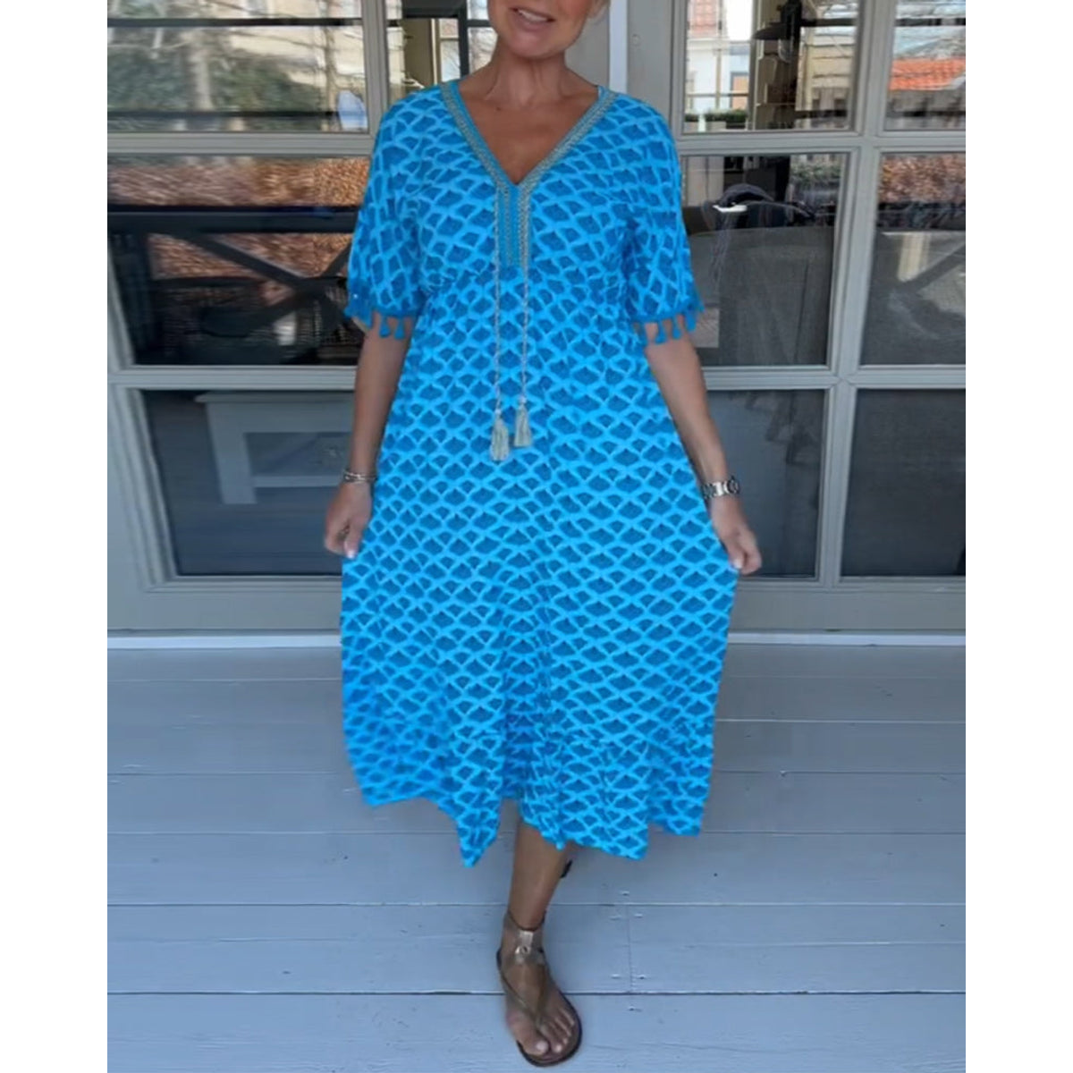 V-Neck Printed Casual Dress Women A-Line Midi Summer Style 1