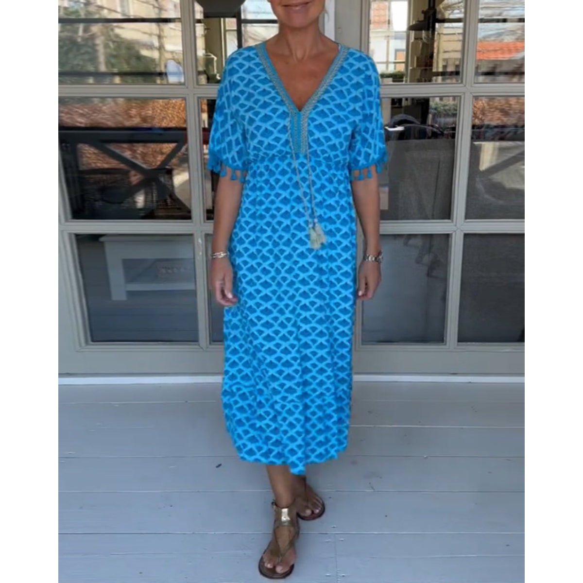 V-Neck Printed Casual Dress Women A-Line Midi Summer Style 2