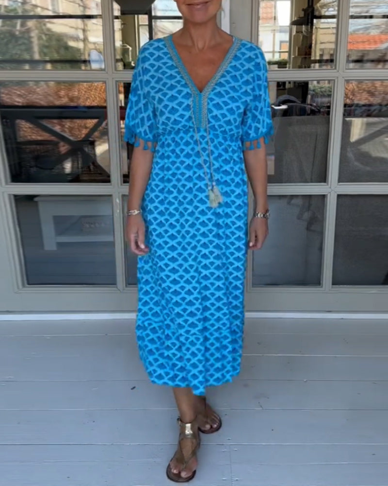 V-Neck Printed Casual Dress Women A-Line Midi Summer Style 2