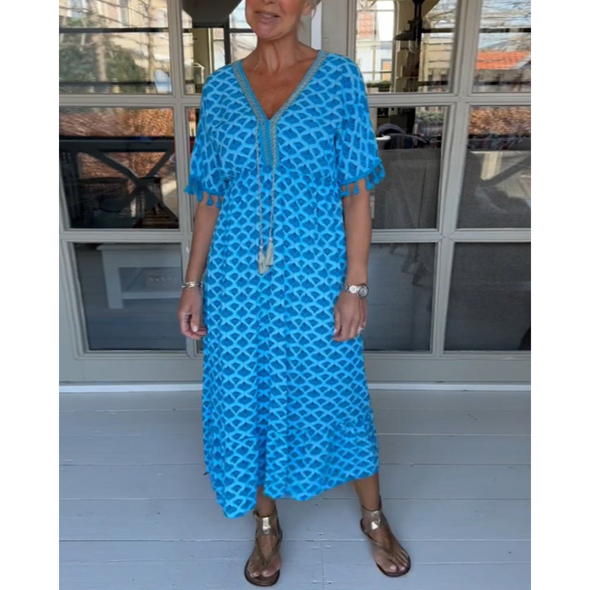 V-Neck Printed Casual Dress Women A-Line Midi Summer Style 3