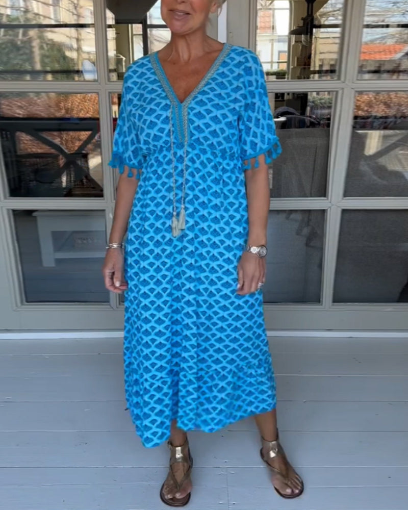 V-Neck Printed Casual Dress Women A-Line Midi Summer Style 3