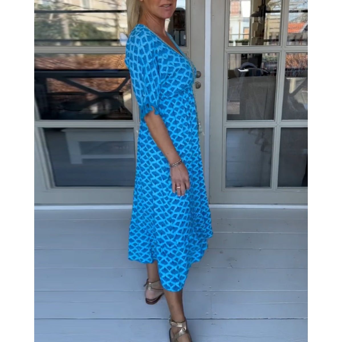 V-Neck Printed Casual Dress Women A-Line Midi Summer Style 4