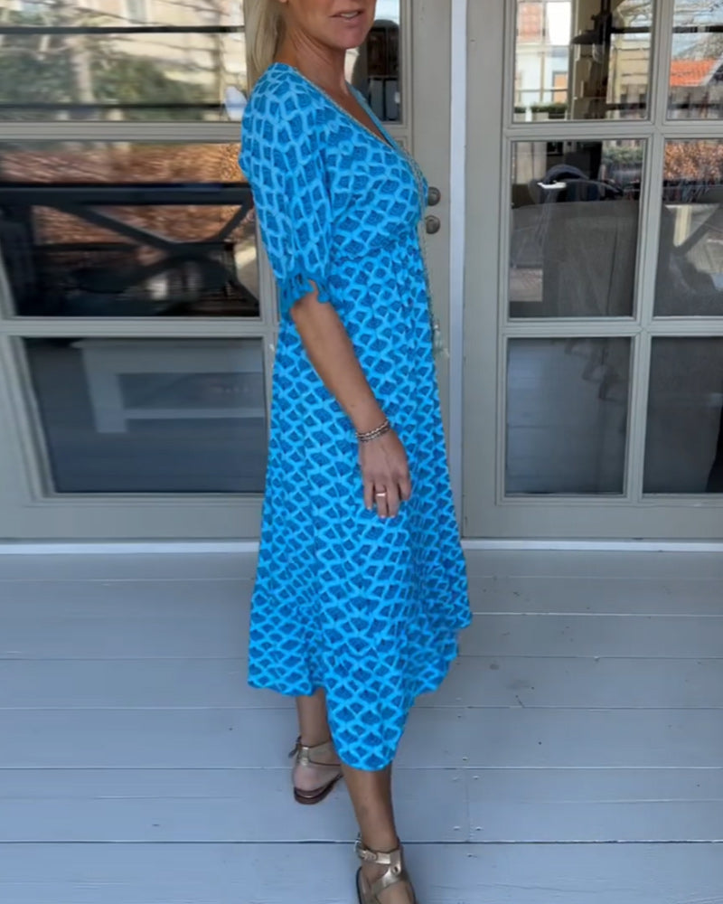 V-Neck Printed Casual Dress Women A-Line Midi Summer Style 4
