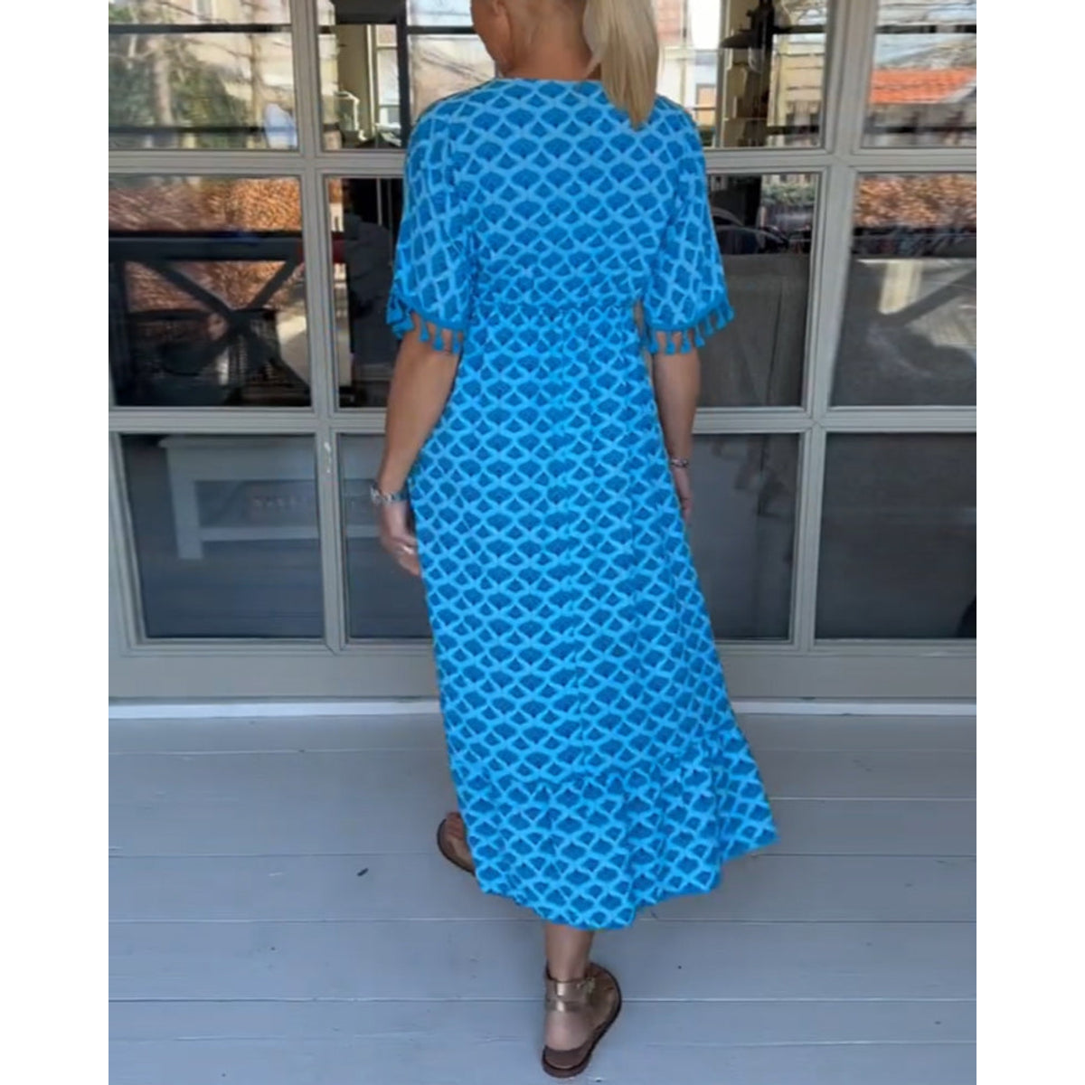 V-Neck Printed Casual Dress Women A-Line Midi Summer Style 5