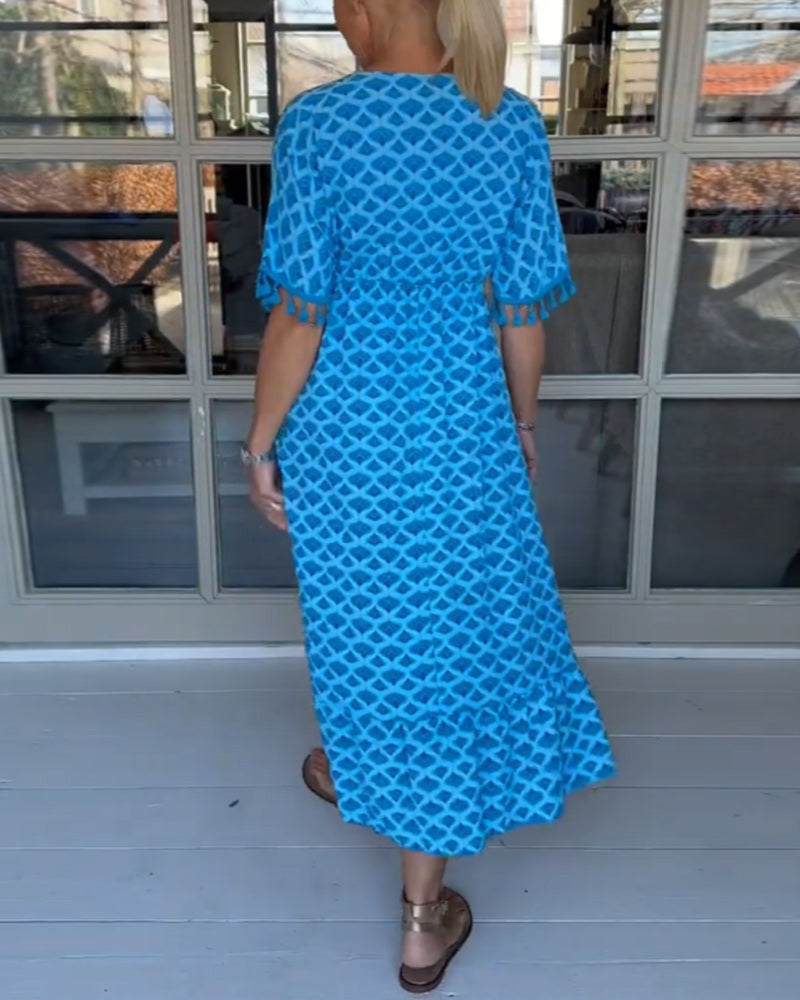 V-Neck Printed Casual Dress Women A-Line Midi Summer Style 5
