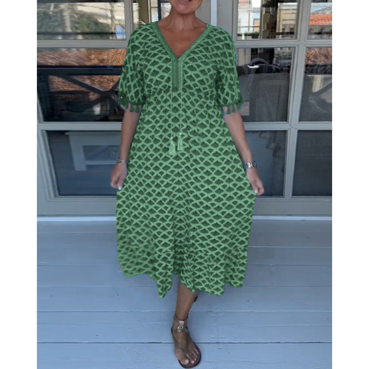 V-Neck Printed Casual Dress Women A-Line Midi Summer Style 6
