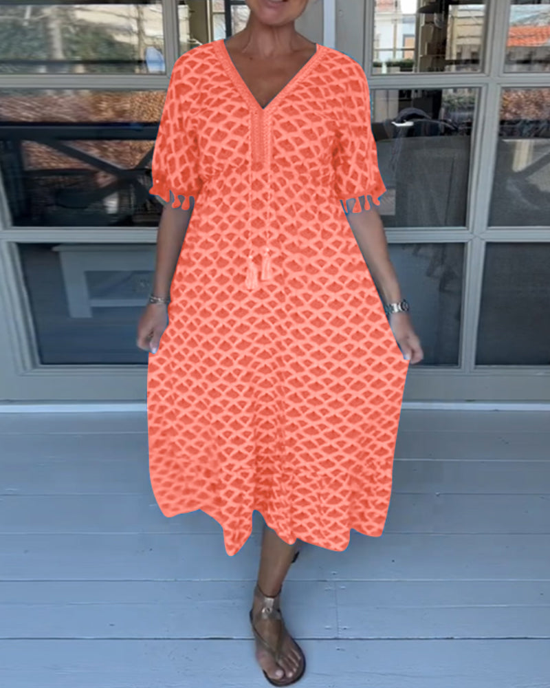 V-Neck Printed Casual Dress Women A-Line Midi Summer Style 7