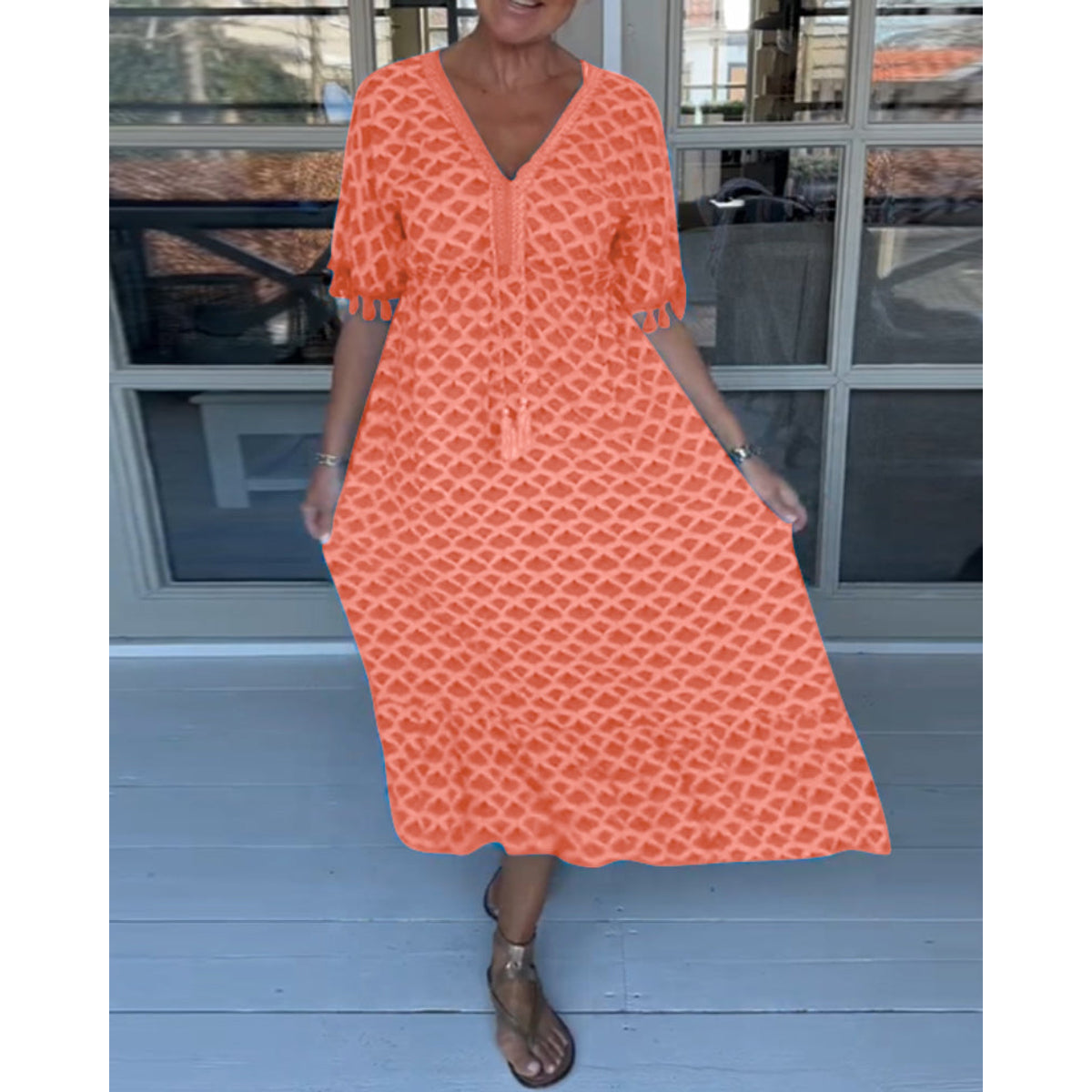 V-Neck Printed Casual Dress Women A-Line Midi Summer Style 9