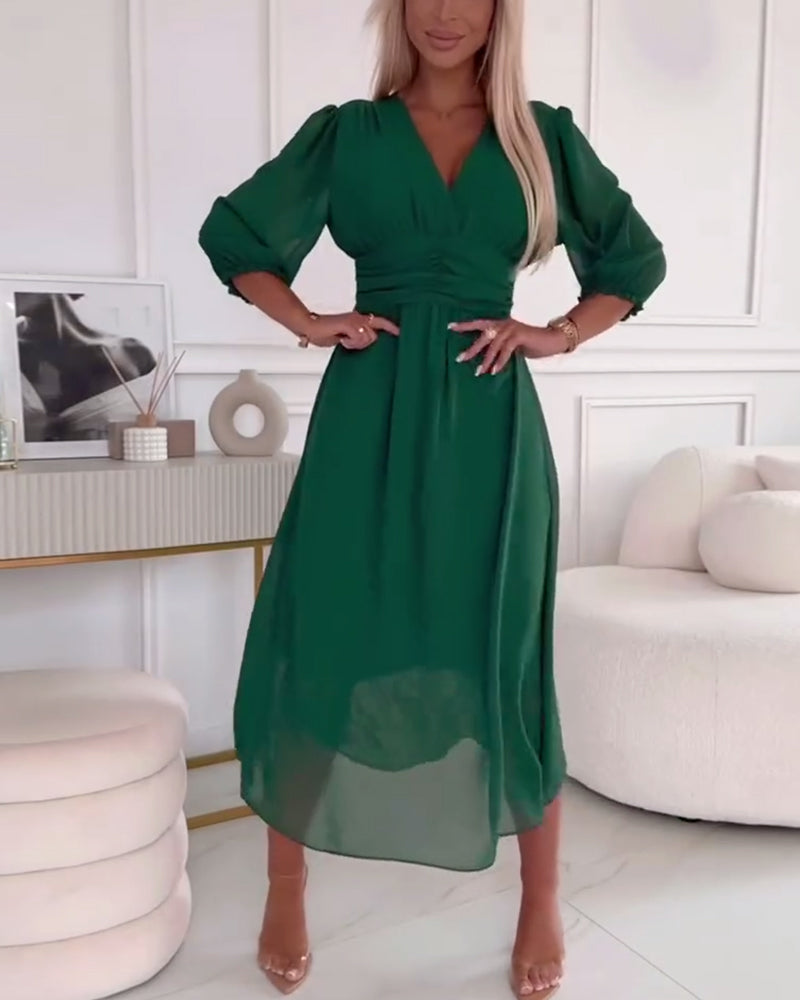 V-Neck Solid Color Waist Dress Elegant A-Line Midi 0