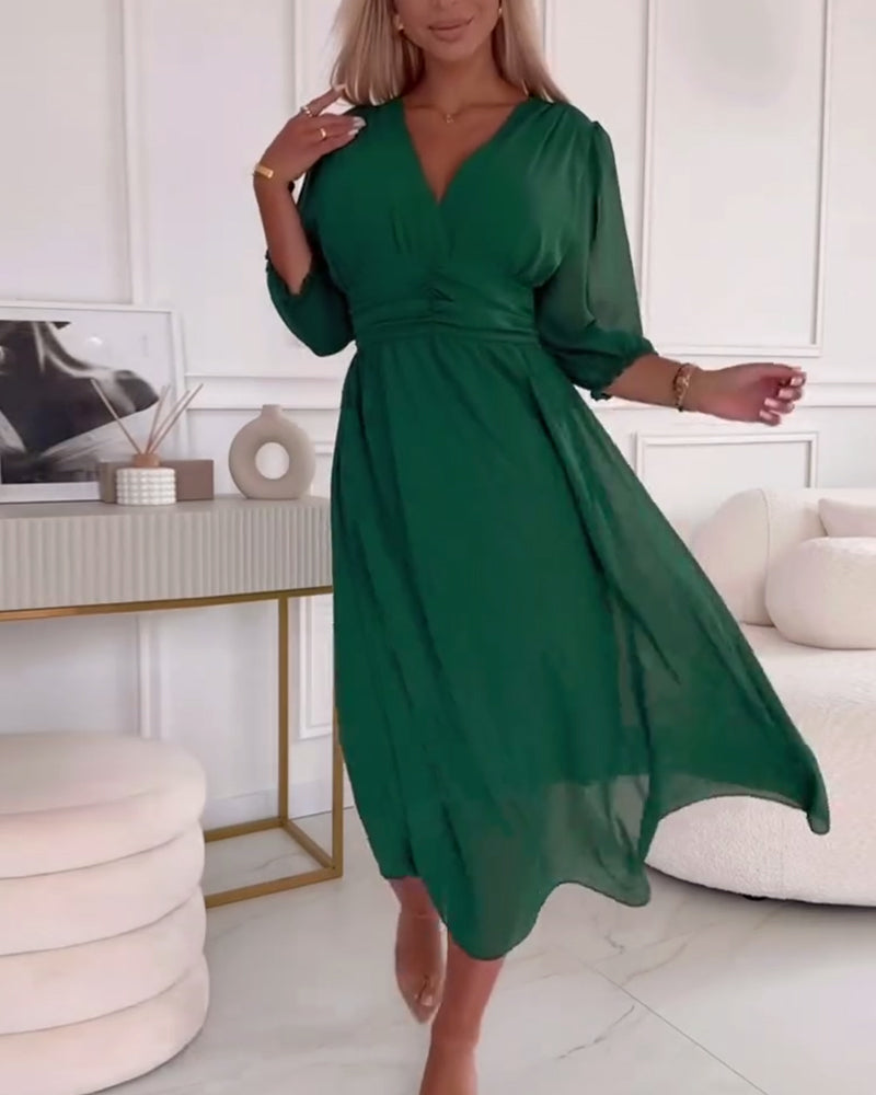 V-Neck Solid Color Waist Dress Elegant A-Line Midi 1