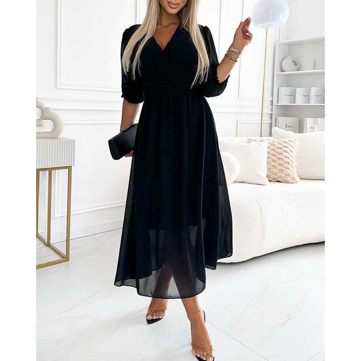V-Neck Solid Color Waist Dress Elegant A-Line Midi 10