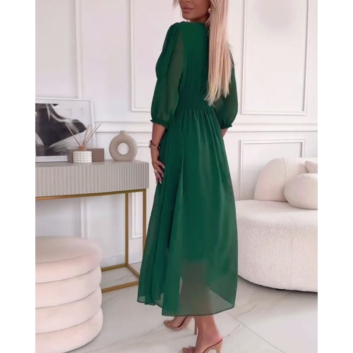 V-Neck Solid Color Waist Dress Elegant A-Line Midi 2