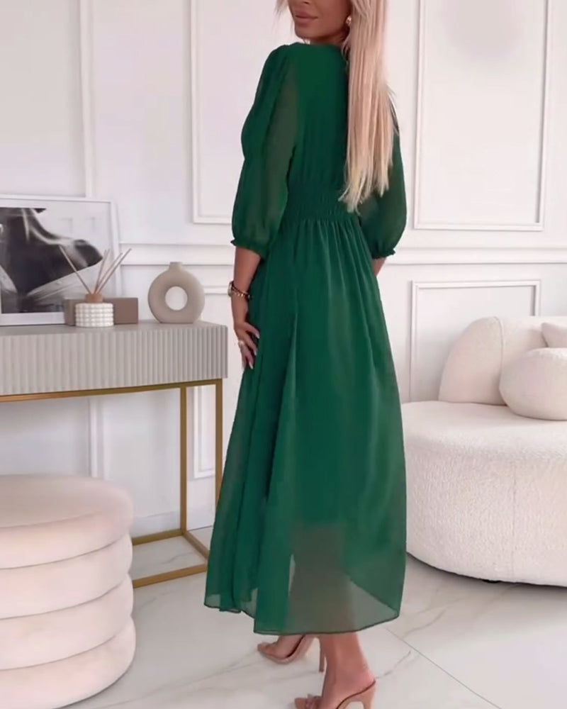 V-Neck Solid Color Waist Dress Elegant A-Line Midi 2