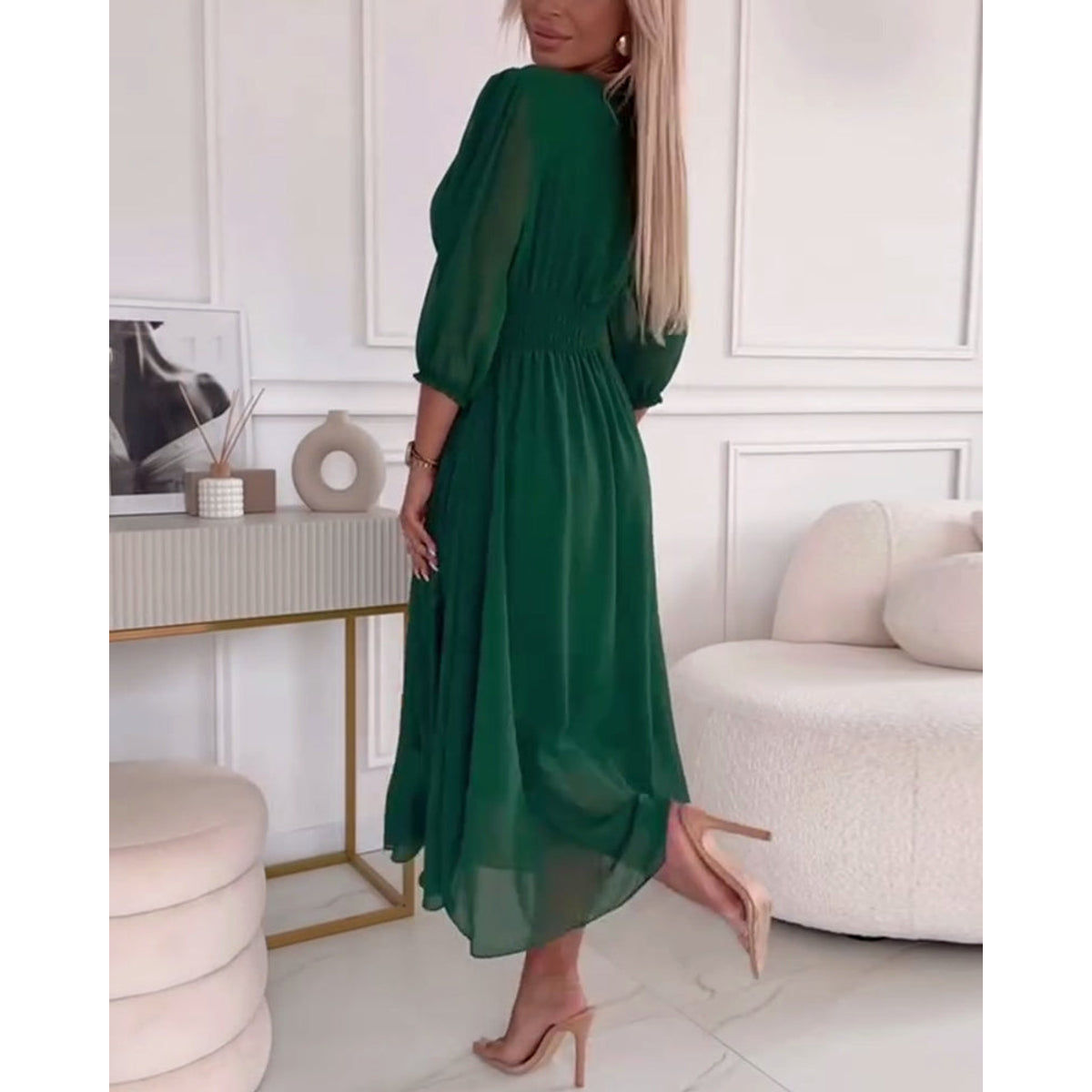 V-Neck Solid Color Waist Dress Elegant A-Line Midi 3