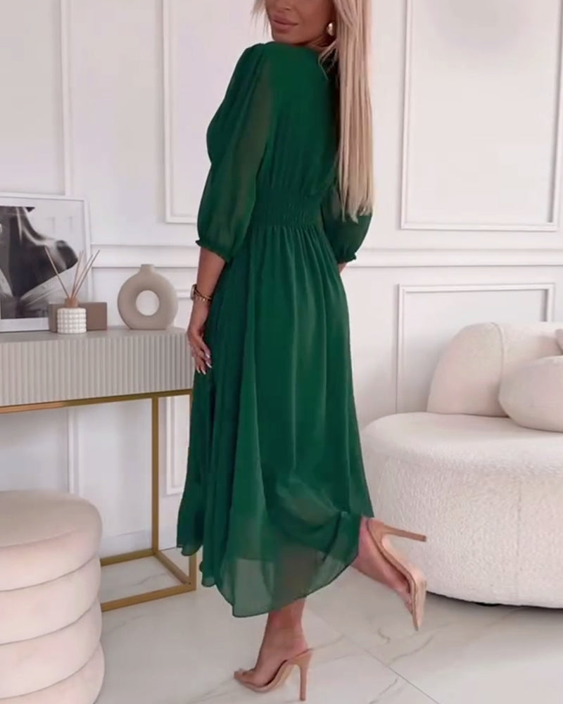 V-Neck Solid Color Waist Dress Elegant A-Line Midi 3