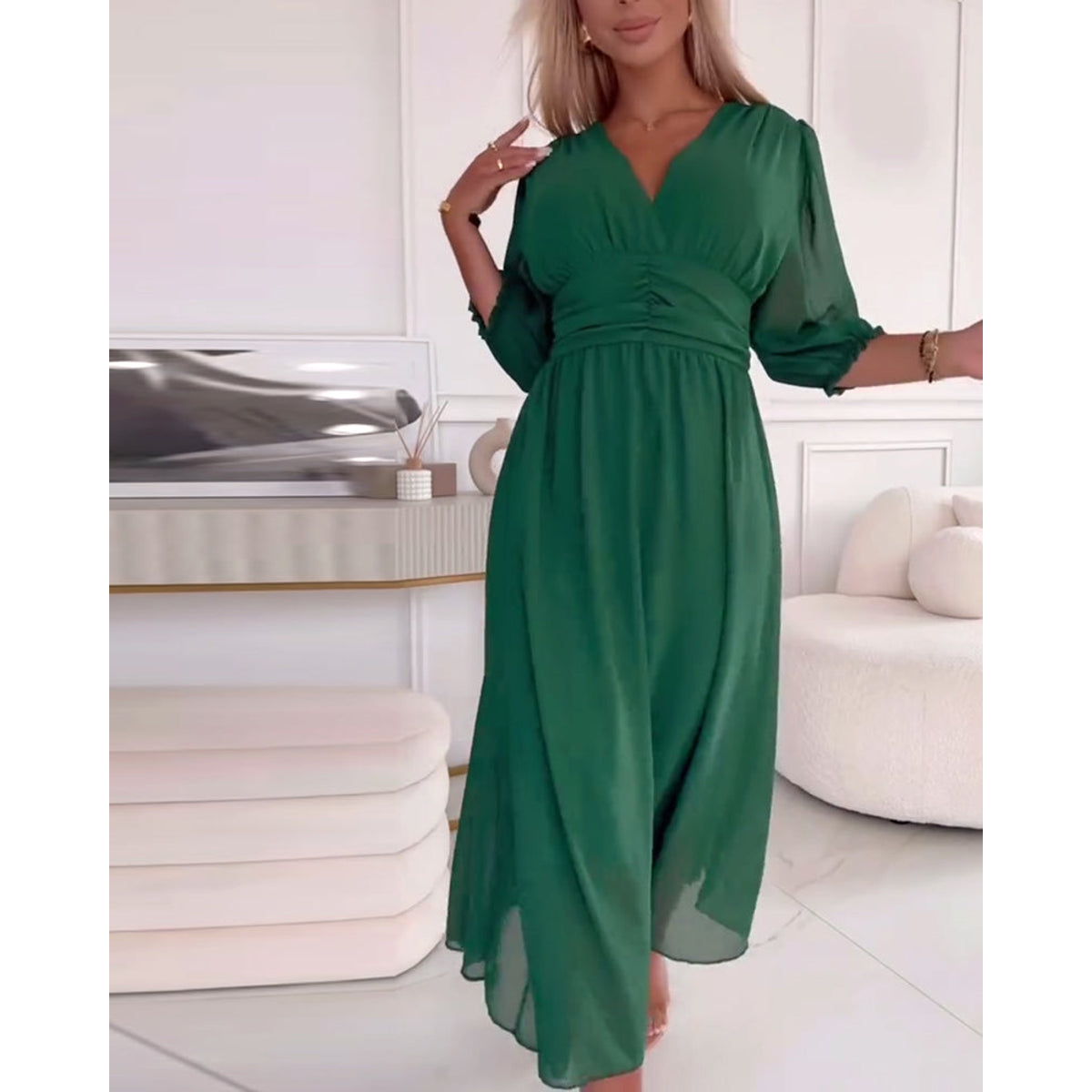 V-Neck Solid Color Waist Dress Elegant A-Line Midi 4