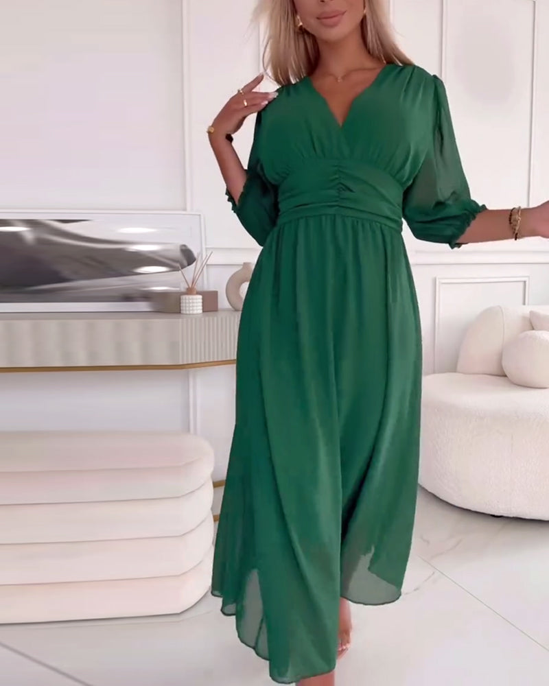 V-Neck Solid Color Waist Dress Elegant A-Line Midi 4