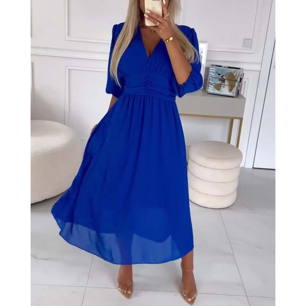 V-Neck Solid Color Waist Dress Elegant A-Line Midi 5