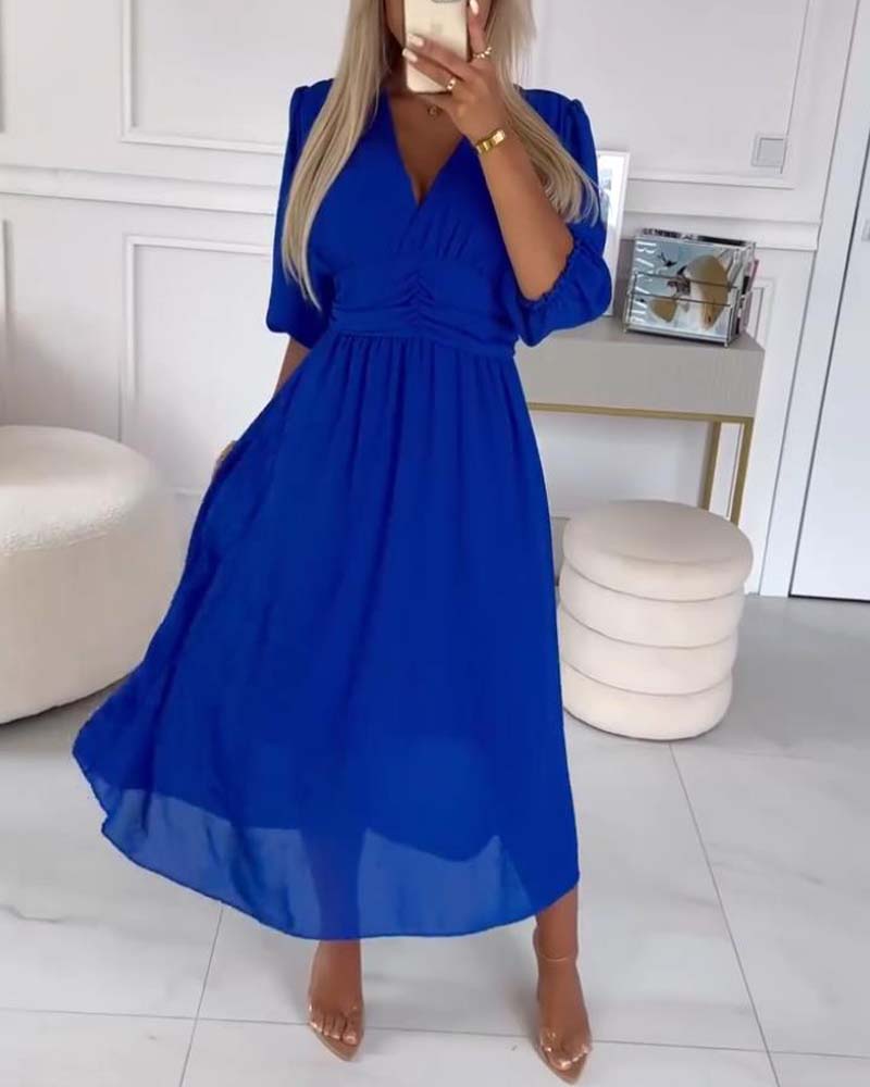 V-Neck Solid Color Waist Dress Elegant A-Line Midi 5