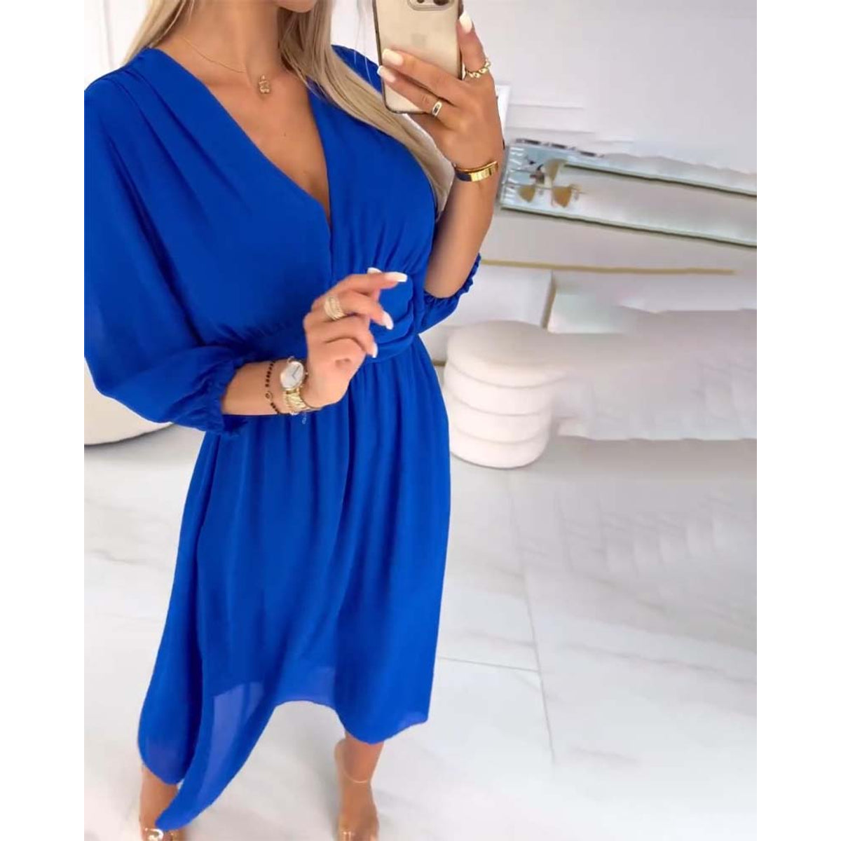 V-Neck Solid Color Waist Dress Elegant A-Line Midi 6