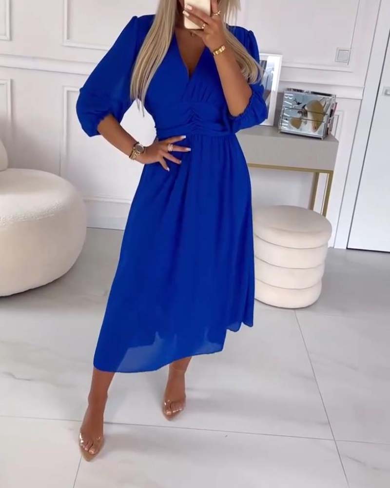 V-Neck Solid Color Waist Dress Elegant A-Line Midi 7
