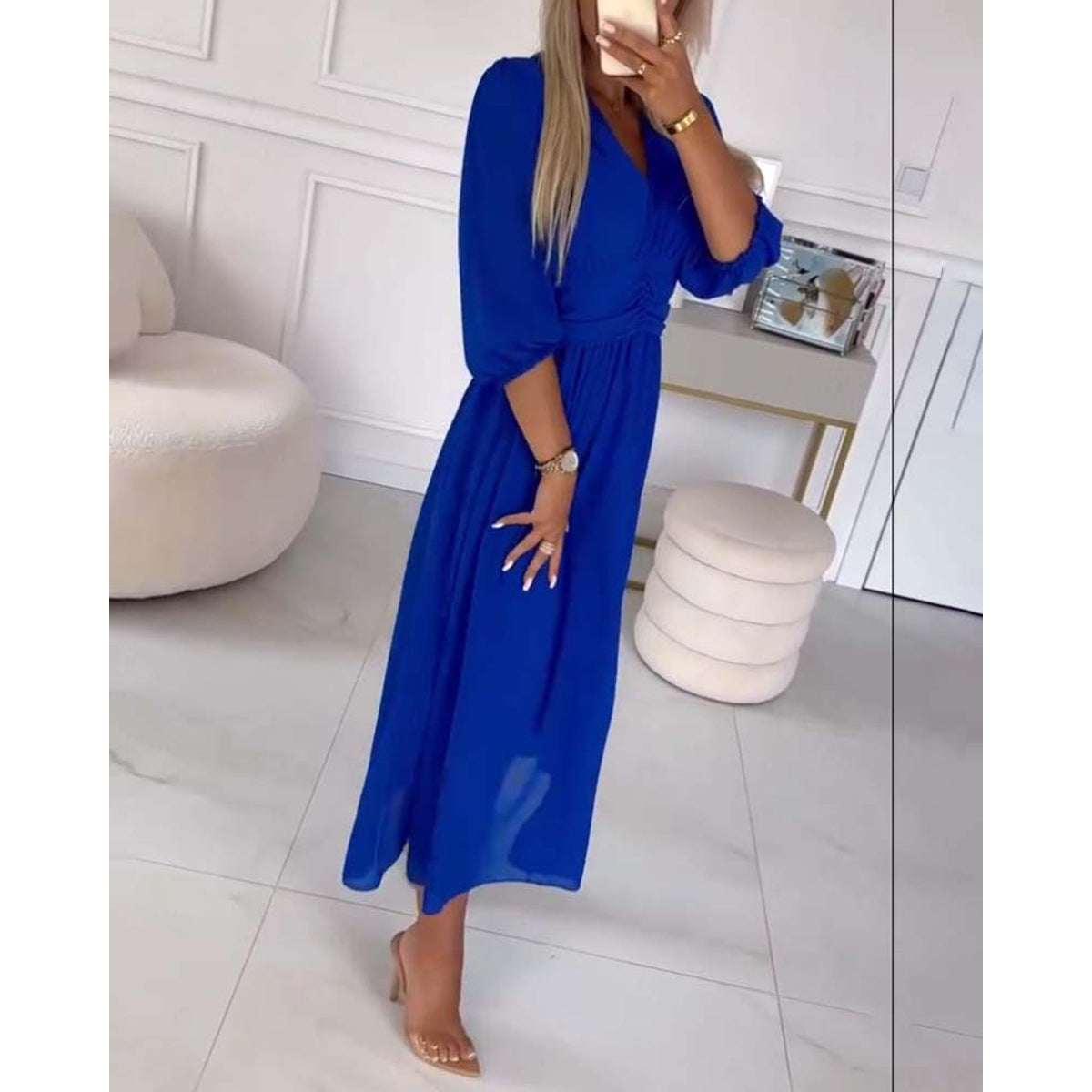 V-Neck Solid Color Waist Dress Elegant A-Line Midi 8