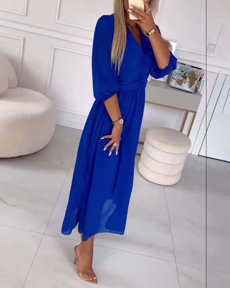 V-Neck Solid Color Waist Dress Elegant A-Line Midi 8