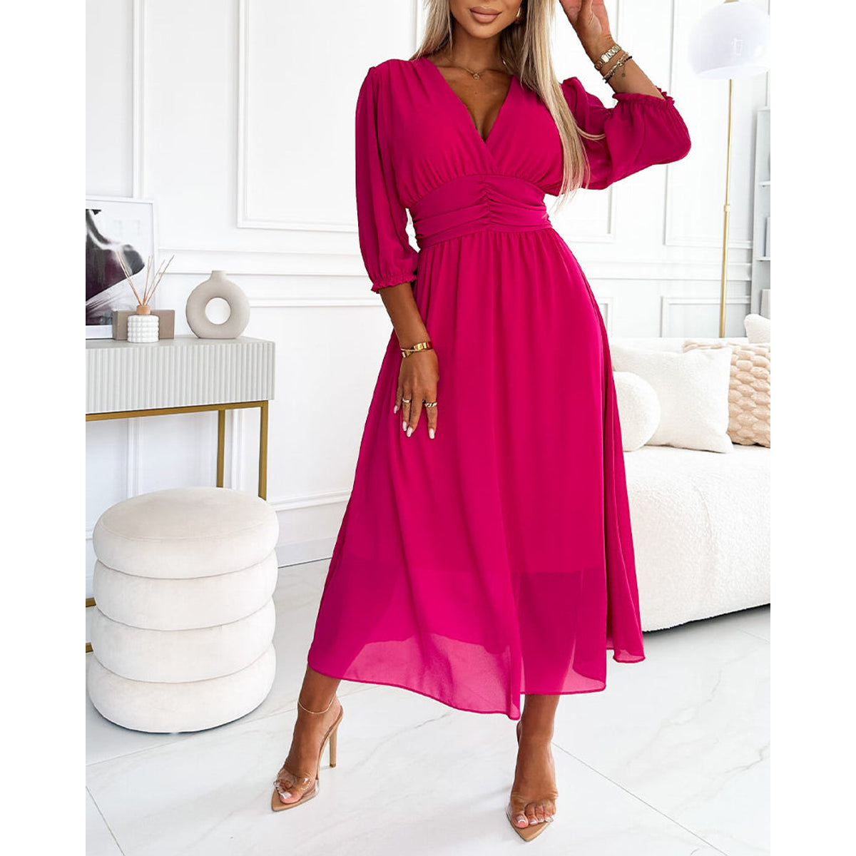 V-Neck Solid Color Waist Dress Elegant A-Line Midi 9