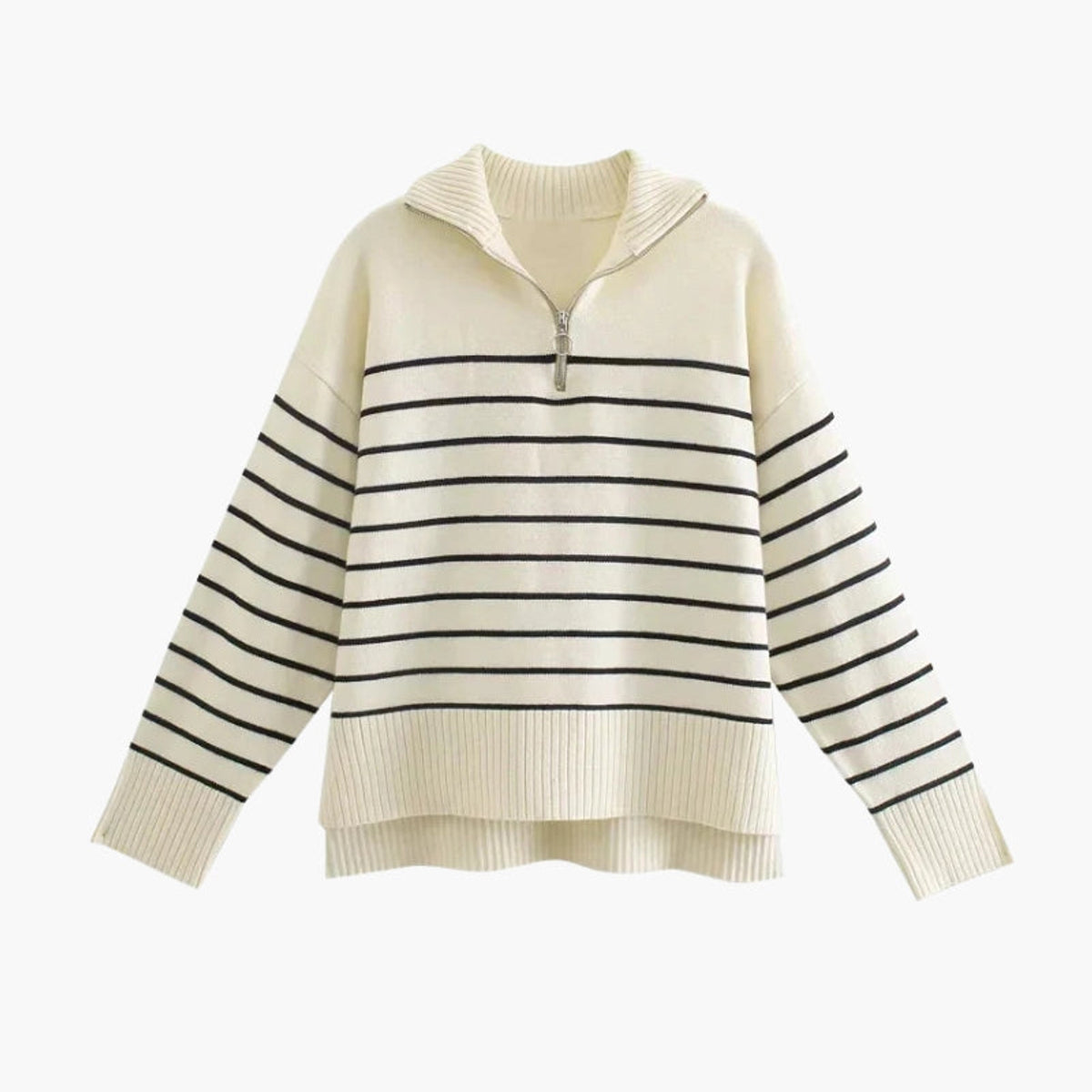Vintage Chic Knit Sweater Women Cream Blue Striped Zip-Up Casual 0