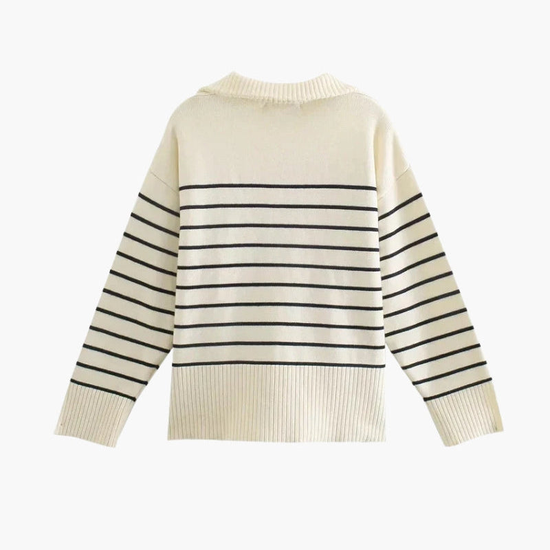 Vintage Chic Knit Sweater Women Cream Blue Striped Zip-Up Casual 1