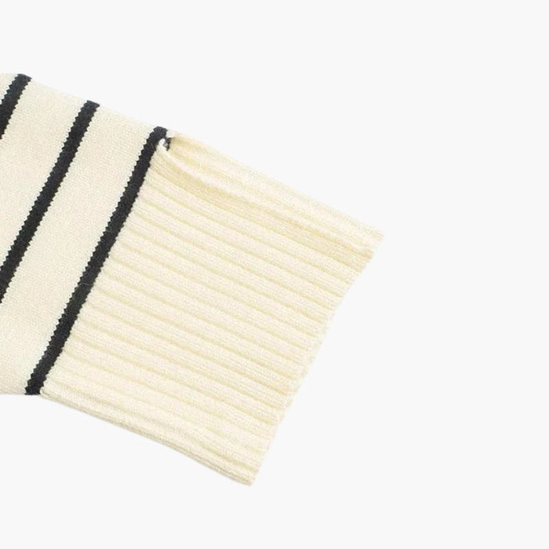 Vintage Chic Knit Sweater Women Cream Blue Striped Zip-Up Casual 3