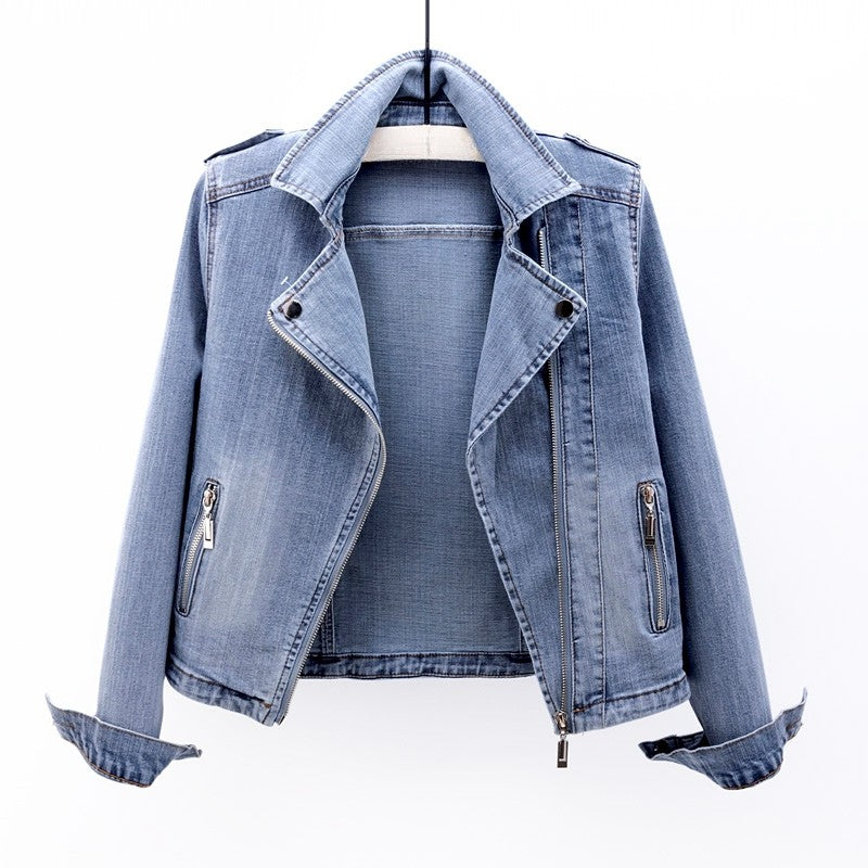Vintage Denim Jacket Women Classic Moto Cut with Zip Pockets 0