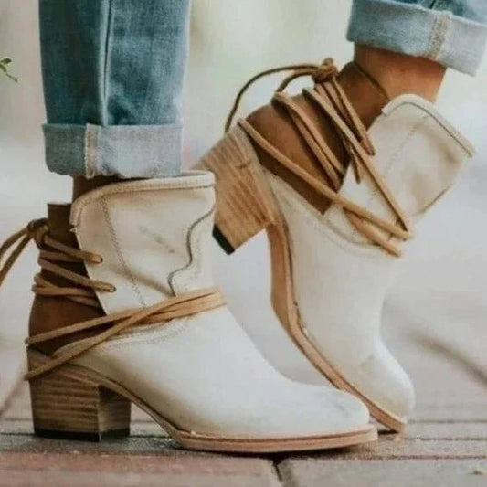 Vintage Dirndl Ankle Boots Women Lace-Up Design Pointed Toe Block Heel 0