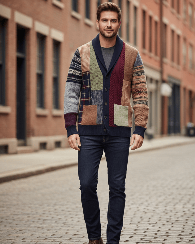 Vintage Patchwork Strickjacke Herren Woll-Baumwoll-Mischung Stilvolle Wärme