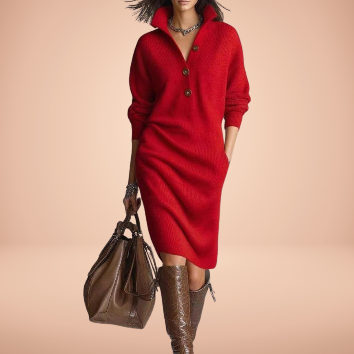 Warm Knit Dress Women's Elegant Chic Style Comfortable Long Sleeve 3