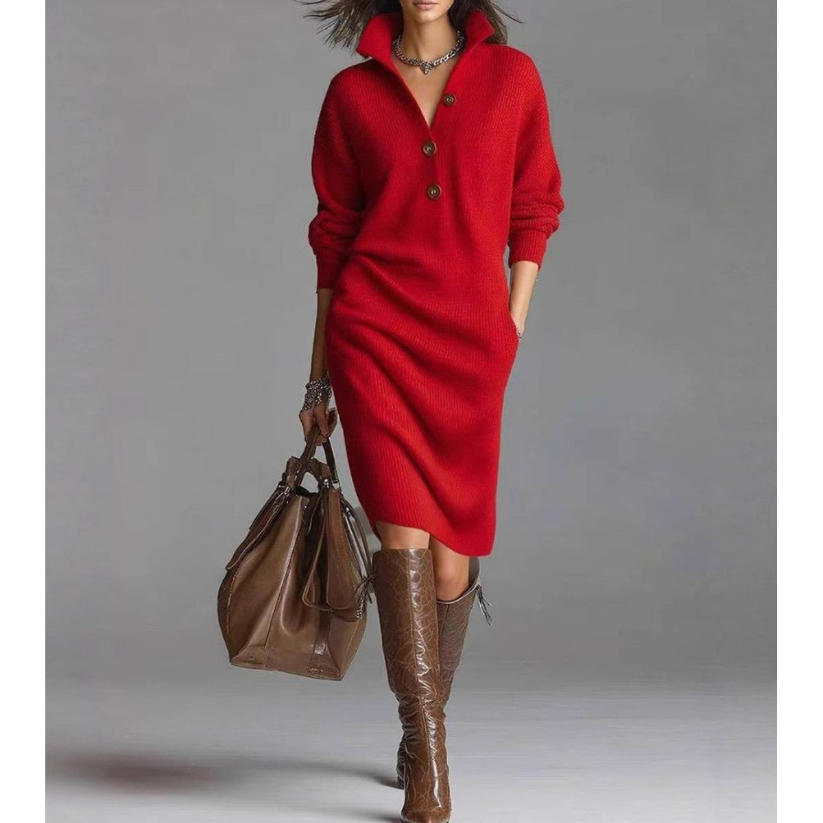 Warm Knit Dress Women's Elegant Chic Style Comfortable Long Sleeve 6