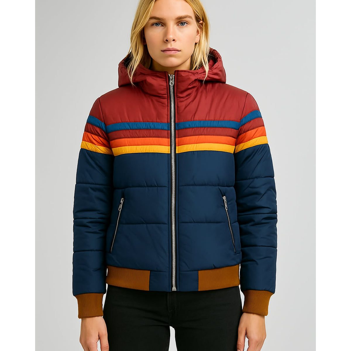 Waterproof Puffer Jacket Women Colorblock Hooded Winter Coat Stylish Insulated 0