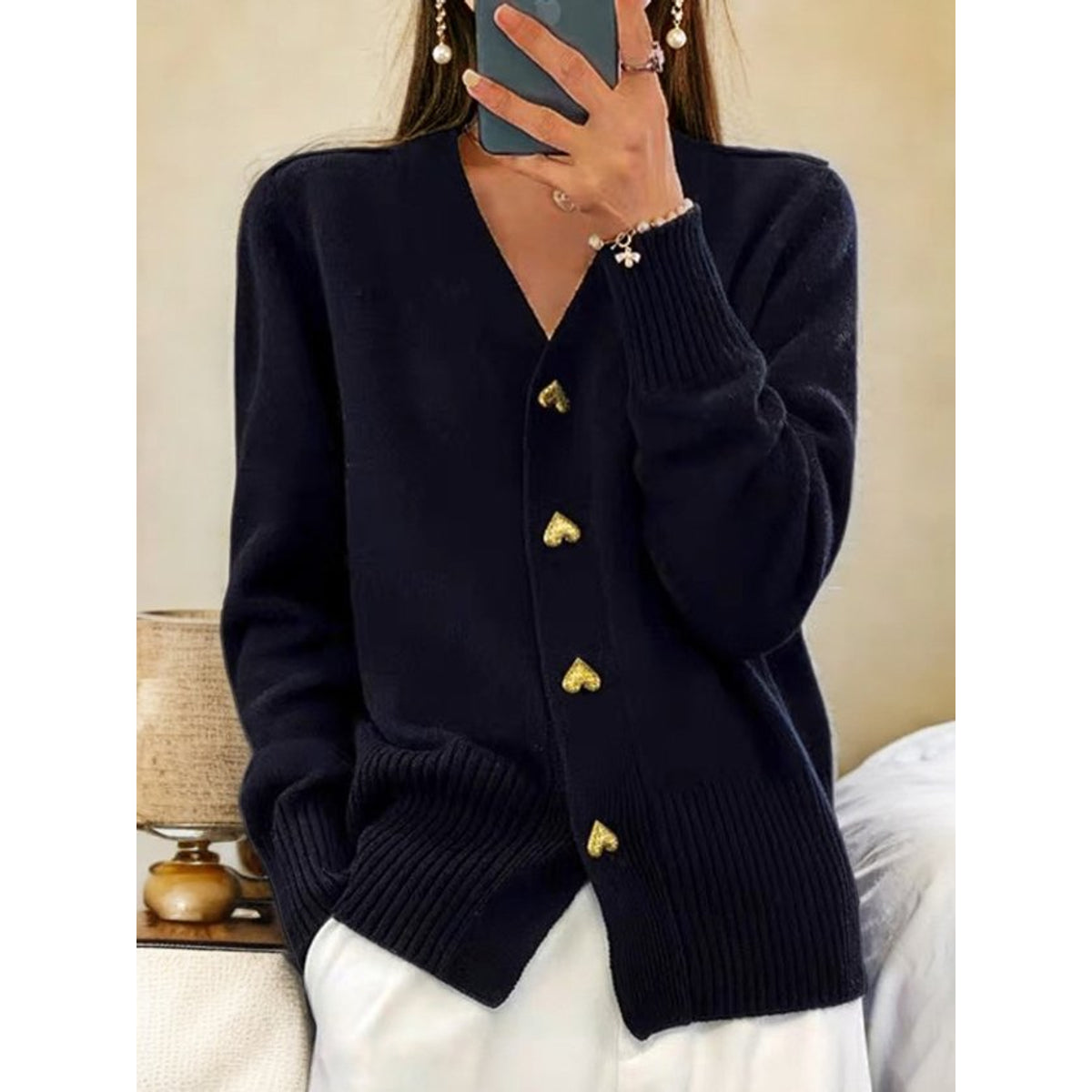 White Cardigan Sweater Women Cozy Comfort Heart Button Design 0