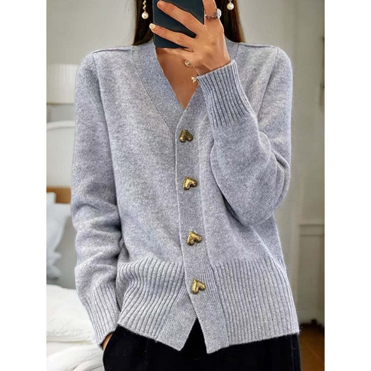 White Cardigan Sweater Women Cozy Comfort Heart Button Design 1