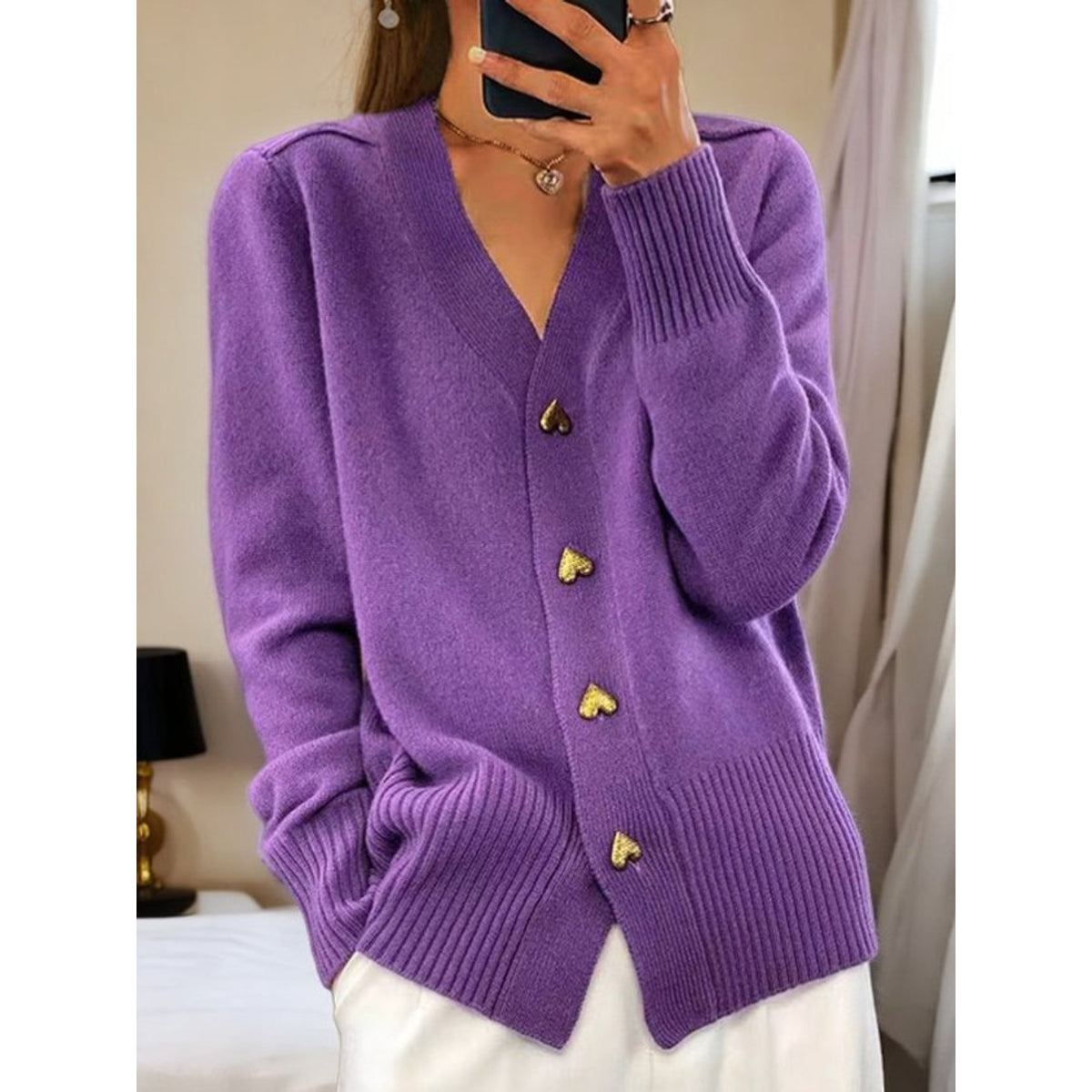 White Cardigan Sweater Women Cozy Comfort Heart Button Design 3