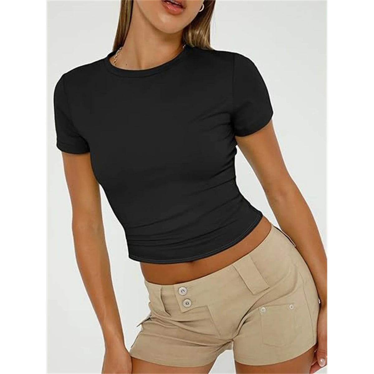 Women Simple Casual T-Shirt O Neck Short Sleeve Solid Summer Fashion Tee Tops Female Y2K Street Slim Clothes Outfit Shirts Chic 1