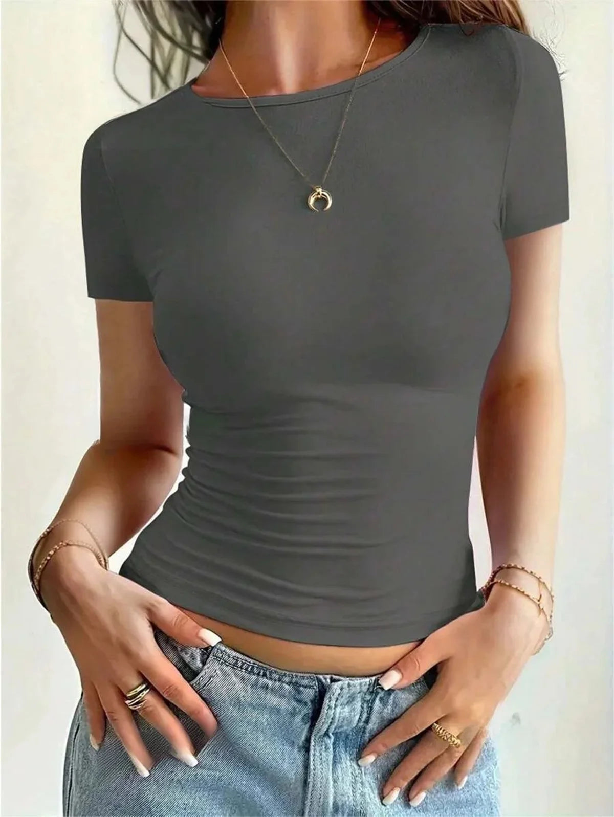 Women Simple Casual T-Shirt O Neck Short Sleeve Solid Summer Fashion Tee Tops Female Y2K Street Slim Clothes Outfit Shirts Chic 2