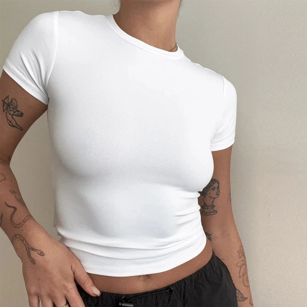 Women Simple Casual T-Shirt O Neck Short Sleeve Solid Summer Fashion Tee Tops Female Y2K Street Slim Clothes Outfit Shirts Chic 4
