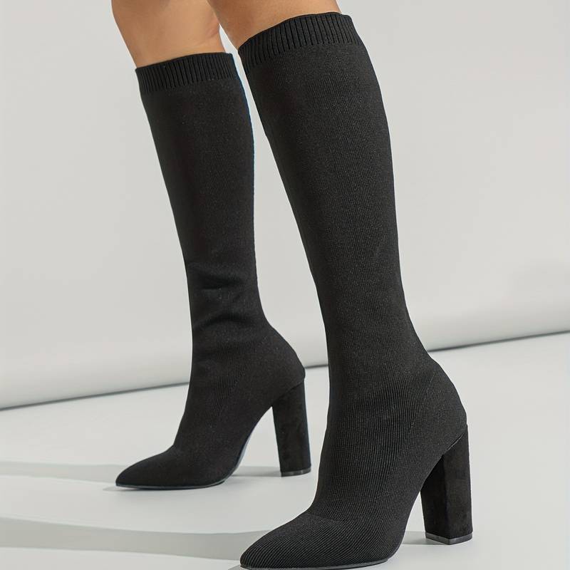 Women’s Black Knitted Sock Boots Block Heel Chic Comfort 2